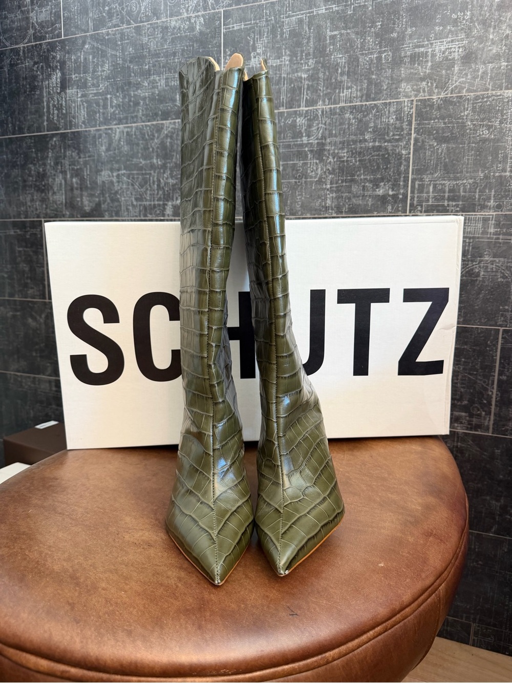 Schutz Maryana Croco Embossed Boot in Military Green - Sz 9.5 - Picture 3 of 14